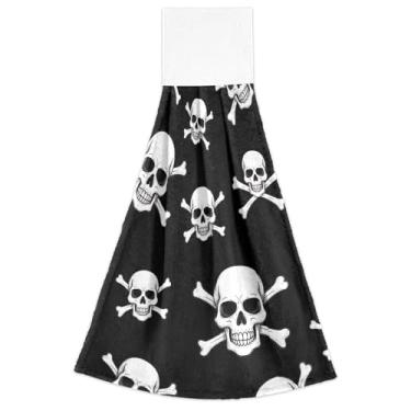 Imagem de Joitme Toalhas de mão pretas de caveira branca com laços para pendurar toalhas de forno macias absorventes decoração de cozinha moderna conjunto de 2, 45 x 35 cm