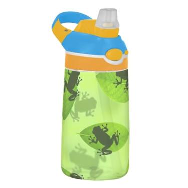 Imagem de Garrafa de água infantil Frog Green Leaf para escola, 473 ml Tritan 473 ml Garrafa de água esportiva com canudo, copo de viagem infantil à prova de vazamento, portátil, alça de transporte