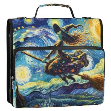 Imagem de Fichários de Halloween Witch Starry Night de 3 cm 3 anéis, fichário resistente com zíper, fichário organizador com alça, bolsa escolar durável, estojo de armazenamento com alça