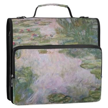 Imagem de Organizador de fichário com zíper personalizado, 3 anéis, anel D de 3 cm, Claude Monet, nenúfares de água, pasta de armazenamento de pintura a óleo com alça para fichários escolares com alça de ombro
