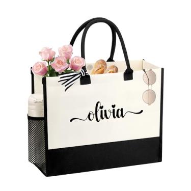 Imagem de JTENGTOP Sacola feminina com nome personalizado, presente de dama de honra de aniversário, melhor amiga, dama de honra, bolsas de lona com inicial, Preto e branco, 17" x 6.5" 13"