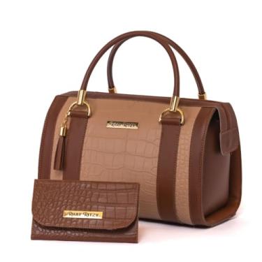 Imagem de Kit Bolsa Baú com Carteira Feminina Bicolor de Mão e Alça para ombro Transversal (Amendoa com Caramelo)