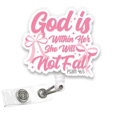 Imagem de VOTANTA Carretel de crachá God is Within Her She Will Not Fall Psalm 46:5, suporte de crachá durável com clipe retrátil para estudantes de enfermagem RN LPN CNA NP assistente médico
