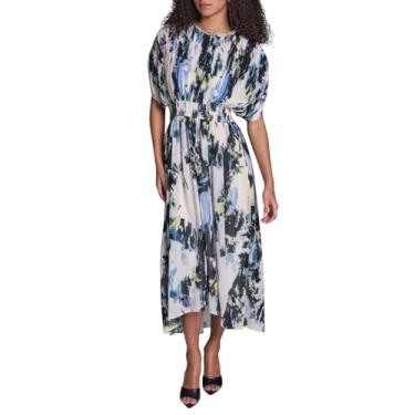 Imagem de BCBG Vestido midi feminino de chiffon floral de manga curta com gola redonda e cintura franzida, Prarchment Multi, 40
