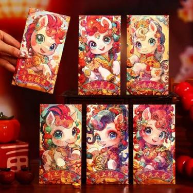 Imagem de Envelopes vermelhos para dinheiro | 6 peças de bolso com estampa de cavalo | Envelopes vermelhos de papel de Ano Novo Lunar de 2026 | para meninos e meninas, adultos, amigos, aniversário, celebração