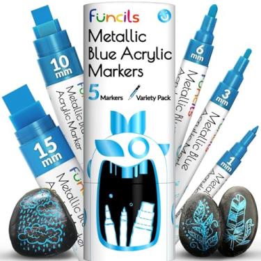 Imagem de 5 canetas de tinta azul acrílica metálica - ponta extrafina, fina e jumbo (1 mm, 3 mm, 6 mm, 10 mm, 15 mm) - Marcadores de tinta azul para metal, tecido, plástico, tela, madeira, pintura de pedras,