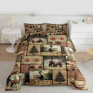 Imagem de Feelyou Conjunto de cama queen com urso, veado, cabana, caça, pesca, lago, pato, peixe, edredom de microfibra rústico com 2 fronhas