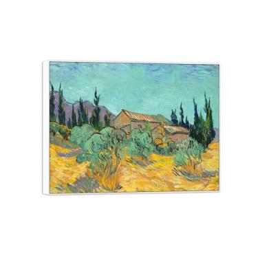 Imagem de Vincent van Gogh Famosa pintura em tela de arte de parede pronta para pendurar. Cabines entre árvores. Imagem em moldura branca para decoração de sala de estar 30 x 40 cm 12 x 16 pol