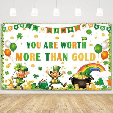 Imagem de MEHOFOND 1,8 x 1,12 m, cenário de Dia de São Patrício, You are Worth More Than Gold, fundo fotográfico, trevo dourado, trevo da sorte, feliz dia de São Patrício, decorações de festa, banner, adereços