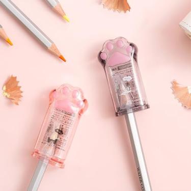 Imagem de 2 apontadores de lápis de pata de gato fofo Kawaii com tampa para escritório, casa, material escolar, rosa e cinza