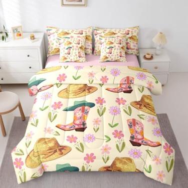 Imagem de Erosebridal Jogo de cama casal de caubói ocidental com 7 peças, floral, retrô, fazenda, para meninos e meninas, com lençol de cima e lençol com elástico, com lençol de cima, chapéu de oeste