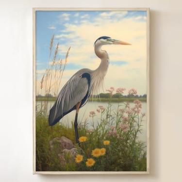 Imagem de Arte de parede de garça vintage arte abstrata de guindaste impressões de pássaros selvagens imagens de animais vintage tela garça azul arte de parede pássaro costeiro praia animal natureza pintura