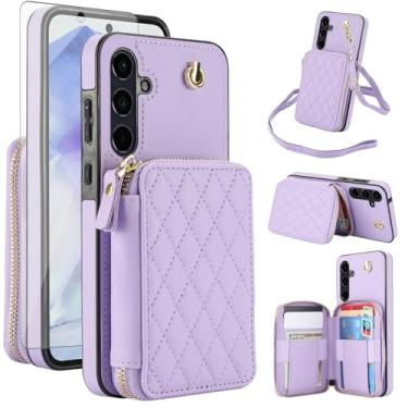 Imagem de Capa de celular para Samsung Galaxy A55 5G carteira de celular com protetor de tela de vidro temperado alça transversal de pulso suporte de cordão com bloqueio RFID slot para cartão de crédito A 55