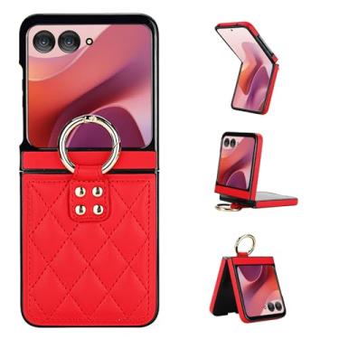 Imagem de Capa para Motorola Razr 50, capa traseira ultrafina e leve com anel de metal, capa de couro fina à prova de choque, design elegante de ponto de diamante (vermelho)