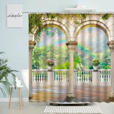 Imagem de Cortina de chuveiro com paisagem de parque de jardim natural coluna de pedra arqueada floresta cachoeira plantas verdes flores arco-íris decoração de banheiro 71x87in-180x220 cm/LxA cortina de