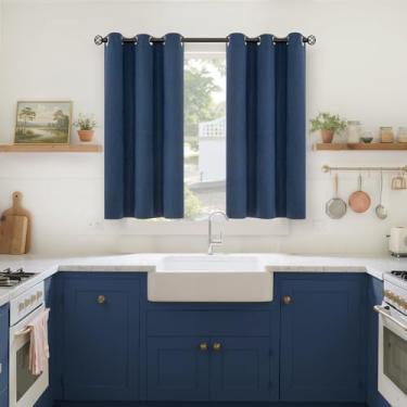 Imagem de YoungsTex Cortinas blackout de linho para quarto, cortinas texturizadas de serapilheira com bloqueio de luz total para sala de estar, fazenda, persianas com ilhós, azul-marinho, 2 painéis, 106 x 101