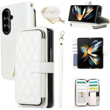 Imagem de YYTVN Capa carteira para Samsung Galaxy Z Fold 5 com zíper para cartão, bolsa transversal elegante capa protetora com alça de ombro e alça de pulso para Galaxy Z Fold 5 - branca