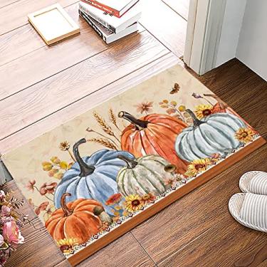 Imagem de Capacho para entrada interna, decoração de casa, tapete de porta de ação de graças, outono para cozinha, banheiro, abóbora ocidental, azul-petróleo, laranja, folha de bordo, tapete de boas-vindas