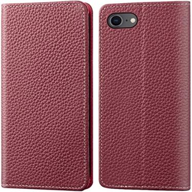 Imagem de VEVEL Litchi Pattern Flip Case Coldre para Apple iPhone SE3 (2022) 4,7 polegadas, carteira de couro magnética Folio Kickstand capa de telefone [porta-cartão], vinho tinto (cor: vinho vermelho)