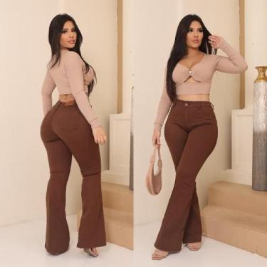 Imagem de Calça Flare Feminina jeans nas cores bege/caqui super confortável , qu