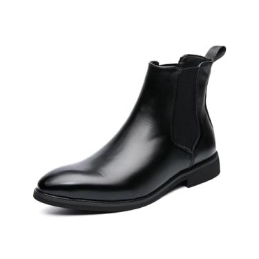 Imagem de Chelsea Botas masculinas casuais confortáveis de cano médio sem cadarço de couro PU polido, Preto, 8