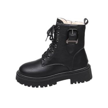 Imagem de Botas femininas de inverno forradas com lã quente no tornozelo cor sólida bico redondo lateral zíper frontal cadarço salto baixo casual, Preto, 35