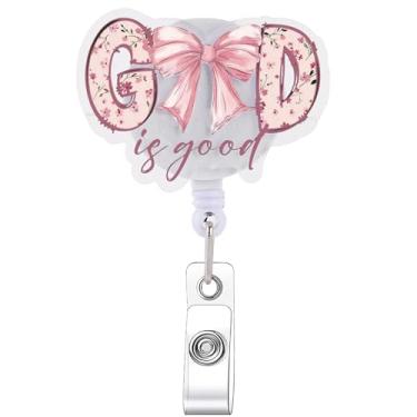Imagem de Carretel de crachá de laço floral cristão God is Good, Faith Pink Ribbon Scripture clipe retrátil para etiqueta de nome, carretel de crachá de professor de enfermeira de escritório inspirador