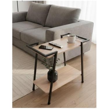 Imagem de Mesa Lateral de Apoio Sofá com 2 Prateleiras, Estilo Industrial, Estrutura em Metal Preto e Tampo 100% MDF para Sala, e Café.