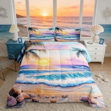Imagem de Castle Fairy Conjunto de cama com ondas do mar, tropical de verão, coqueiros, palmeiras e coqueiros, para crianças, adolescentes e adultos, conjunto de edredom com 2 fronhas, tamanho casal, 3 peças