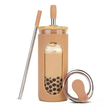 Imagem de Sursip Copo de vidro com 2 tampas e canudo, copo de vidro à prova de derramamento de 590 ml com tampa de bambu e manga de silicone para copo de água de café gelado - cáqui