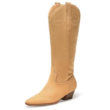 Imagem de Coutgo Botas femininas caubói com bico quadrado bordado, salto grosso, cano médio, sapatos de outono e inverno, Caqui, 40