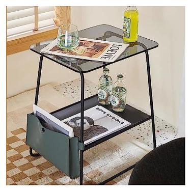 Imagem de Mesa lateral lateral, mesa lateral pequena, mesa de cabeceira com prateleiras de armazenamento de 2 camadas, mesa de sofá para espaços pequenos, sala de estar, quarto, moldura de metal estável com