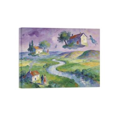 Imagem de BMZFYBS Impressões em tela de arte de parede surrealismo - Mountain River House - Pintura de paisagem - Imagens para sala de estar prontas para pendurar tela embrulhada 70 x 90 cm 27 x 35 pol