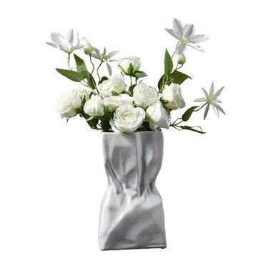 Imagem de Vaso de cerâmica branco plissado de flores frescas, arranjo de flores para armário de TV para sala de estar, decoração criativa de vaso doméstico adequado para uso interno (médio)