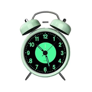 Imagem de Despertador para quarto retro metal duplo sino despertador com luz noturna silencioso sem tique-taque luminoso quartzo analógico relógio de mesa relógio de mesa (verde)