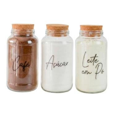 Imagem de Kit Cantinho do Café com 3 Potes de Vidro com Tampa de Cortiça e Adesivos para Armazenamento de Cozinha (Café, Açúcar e Leite em Pó)