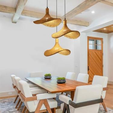 Imagem de Abajur de bambu trançado, conjunto de três peças de luminária pendente de bambu, estilo vietnamita, lustre decorativo para teto, ideal para restaurante, corredor, sala de estar, bar ou cafet