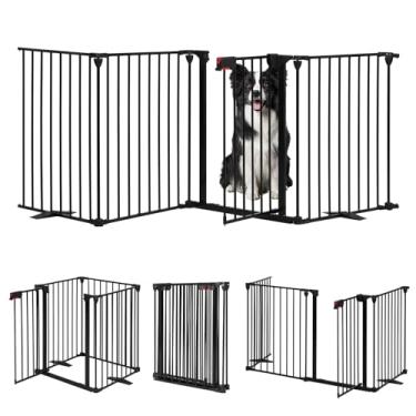 Imagem de SMONTER Portão livre para cães com passagem de porta, cerca dobrável extra larga para cães de 259 cm, 4 painéis de 73,7 cm de altura, portão de metal para animais de estimação para escadas, corredores