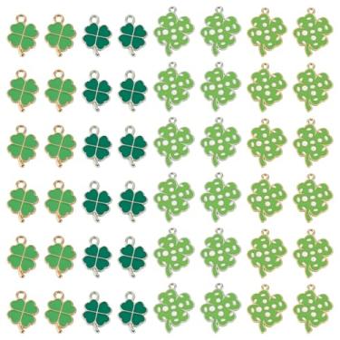 Imagem de Cheriswelry 60 pingentes de trevo verde trevo quatro folhas pingentes da sorte dia de São Patrício pingentes de liga esmaltada 18-26 mm para colar faça você mesmo, pulseira, brinco, joias, artesanato