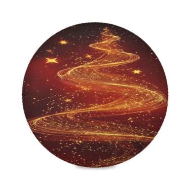 Imagem de STAYTOP Jogo americano redondo de árvore de Natal com fundo vermelho, 1 peça, tapetes de mesa para férias, antiderrapante, fácil de limpar, para casa, cozinha, churrasco, festa, decoração de mesa