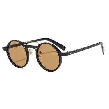 Imagem de HCHES Óculos de Sol Redondos de Luxo Estilo Punk Feminino Retrô com Lentes Transparentes Degradê Oceano, Proteção UV400 e Rebites (Preto-Marrom Claro)