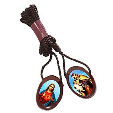 Imagem de Colar católico Scapulars com cordão marrom e madeira de cereja I Sacred Heart of Jesus e Nossa Senhora do Monte Carmelo Medalhas I escapularios catolicos I Catolic Religious - Pacote com 6