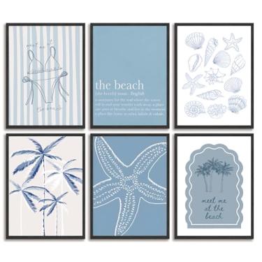 Imagem de 6 peças azul costeira neta arte de parede azul claro biquíni planta estrela do mar pôsteres impressões pinturas verão praia concha decoração de parede fotos para sala de estar quarto dormitório