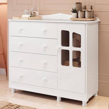 Imagem de Cômoda Infantil Elô New 1 Porta Com Janela E 4 Gavetas Branco Brilho - Móveis Peroba