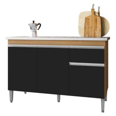 Imagem de Balcão De Cozinha Para Pia Tatiane 120cm 3 Portas 1 Gaveta Sem Tampo Amêndoa/Preto