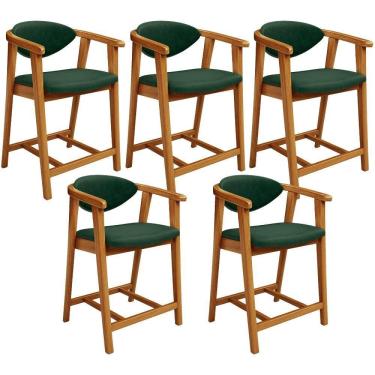 Imagem de Kit 05 Banquetas Baixa Cozinha Bancada Cecília L02 Couríssimo Verde Musgo Lyam Decor