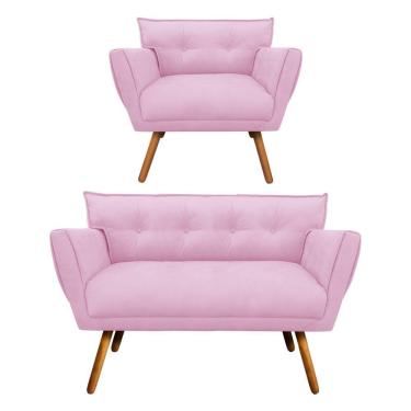 Imagem de Kit 1 Namoradeira e 1 Poltrona Anitta Suede Rosa Bebê Drossi