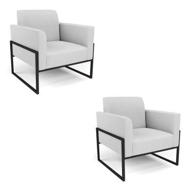 Imagem de Kit 2 Poltronas Base Industrial Alta Preto Marisa Linho D03 - D\'rossi Cor A05 Cinza
