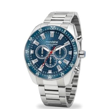 Imagem de Relógio Mondaine Masculino Analógico Esportivo Casual De Pulso Cronógrafo Prateado Com Pulseira Em Aço Inoxidável Fundo Azul A Prova Dágua Em 50 Metros Original