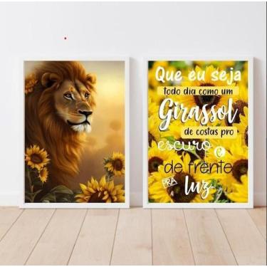 Imagem de Kit 2 Quadros Leão Girassol 24x18cm - Madeira Branca - Quadros On-Line